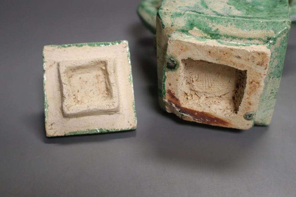 A Chinese green glazed square tea or wine pot, Ming dynasty, 18cm high